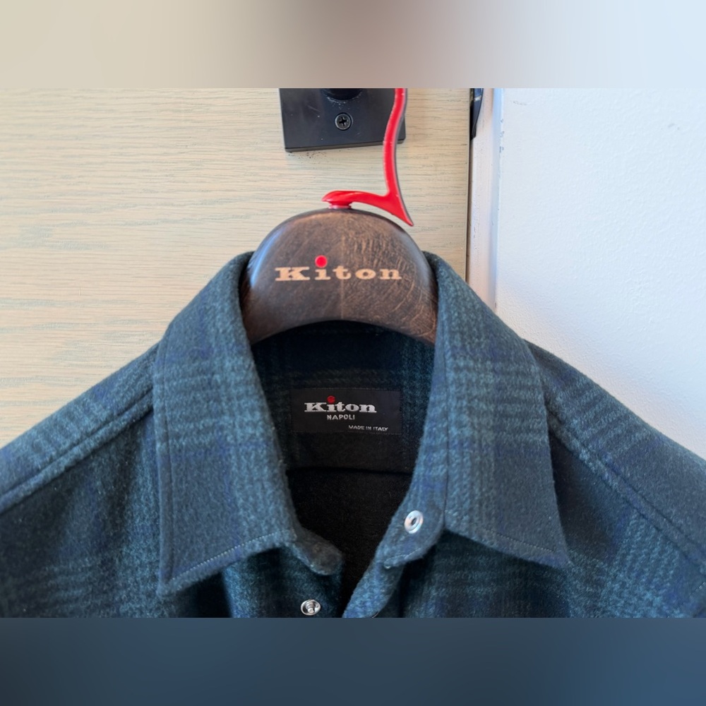 SOLDMen’s Kiton Green Plaid Wool Overshirt Snap Buttons Size M Napoli